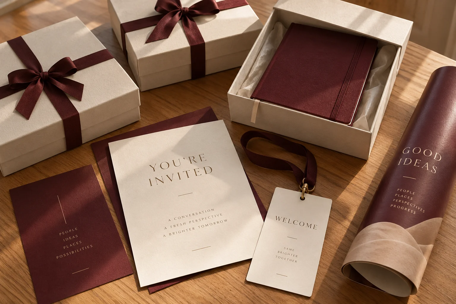 Considered gifts and marketing materials arranged on a warm neutral table.